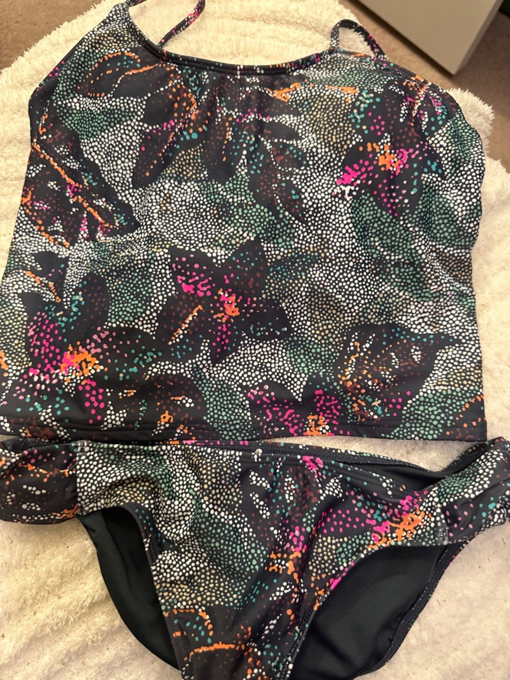 O'Neill Girls Black Floral Tankini with Pink, Green & Orange Accents